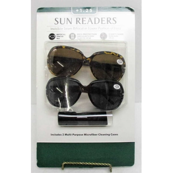 Sun Readers 2 pack Invisible Seam Bifocals Mild Power +1.25 Sun Glasses (Black)