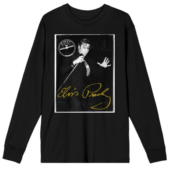 Sun Records Elvis Presley Signature Crew Neck Long Sleeve Men's Black Tee-XL
