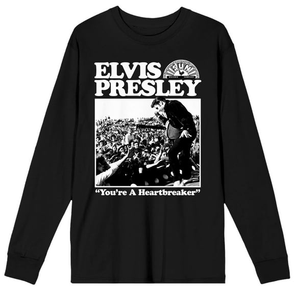 Sun Records Elvis Presley You're A Heartbreaker Crew Neck Long Sleeve Men's Black Tee-Small