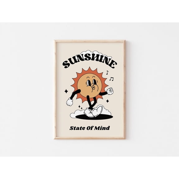 Sun Retro Cartoon Art Print, Vintage Sunshine Mascot Wall Art, Retro Character Poster, Colorful Wall Art, Sunshine State Of Mind,, Stretched Canvas Size 16x24 F03.1.14l1306