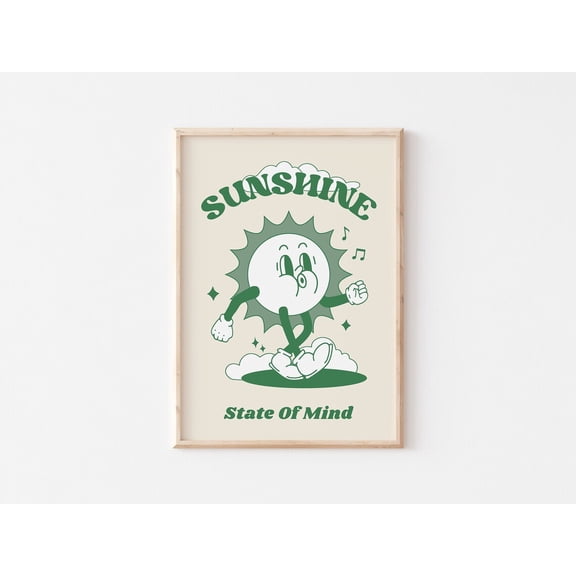 Sun Retro Cartoon Art Print, Vintage Sunshine Mascot Wall Art, Retro Character Poster, Green Wall Art, Sunshine State Of Mind,, Unframed Poster Size 8x12 F03.1.14l1563