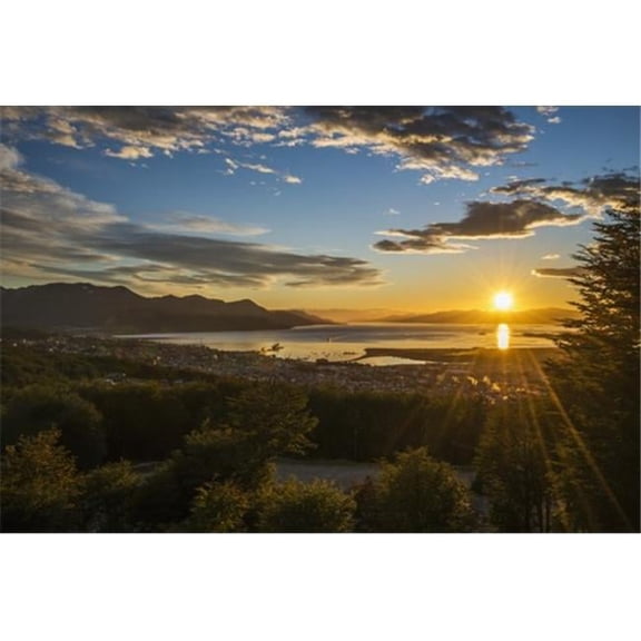 The Sun Rises Over The Port of Ushuaia in Argentina As A Ship Enters The Calm Bay Trees in The Foreground & Low Hills Poster Print by Nick Dale, 18 x 12