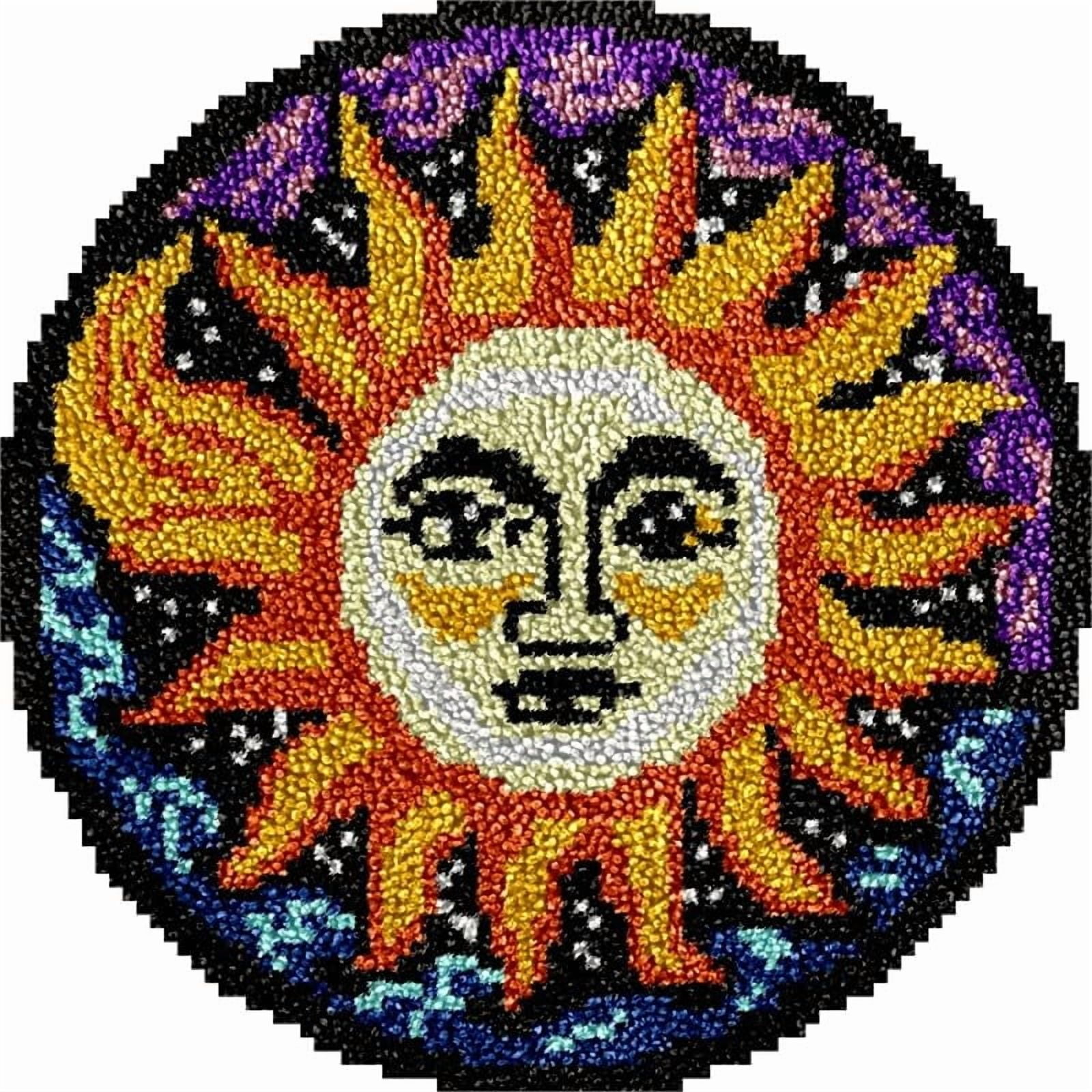 Sun Round Shape Latch Hook Rug Kits Set for Starter Crochet Hook Cushion Mat Sofa Seat Cushion Crocheting Kits with Preprinted Canvas Crochet Yarn Kits 50X50cm (ui2)