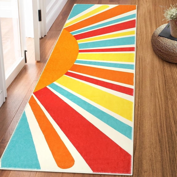 Sun Runners Rug, 2x6 Washable Non Slip Low-Pile Rugs with Rainbow Sun Abstract Print, Stain Resistant Rug Runner for Hallway Kitchen Entryway Laundry Bathroom Living Room, Colorful Red