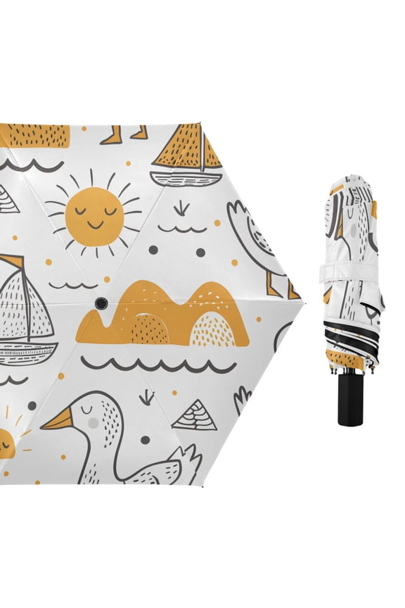 Sun Sailboat Duck Line Art All Weather Umbrella Triple Folding Parasol 6 Ribs UV Protection Portable