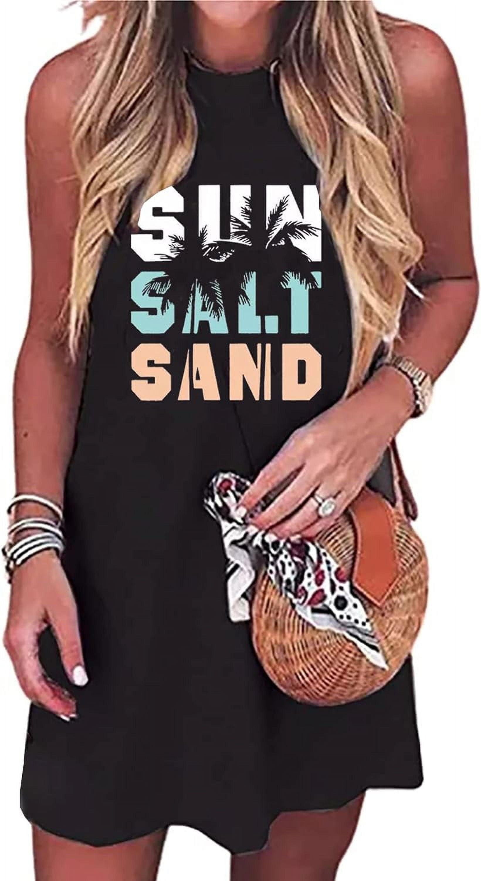 Sun Salt Sand Coconut Tree Sleeveless Mini Dress Casual Sleeveless Summer Beach Vacation Women Workout Mini Dress