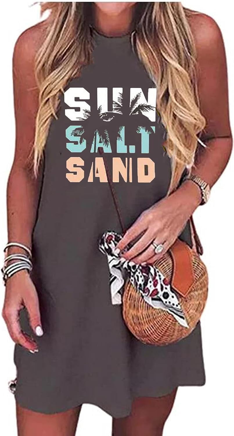 Sun Salt Sand Coconut Tree Sleeveless Mini Dress Casual Sleeveless Summer Beach Vacation Women Workout Mini Dress