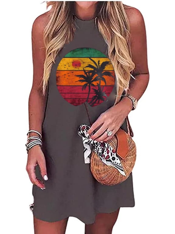 Sun Salt Sand Coconut Tree Sleeveless Mini Dress Casual Sleeveless Summer Beach Vacation Women Workout Mini Dress