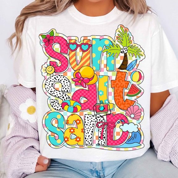 Sun Salt Sand T-shirt, Retro Summer T-shirt, Beach T-shirt, Summer Checkered T-shirt, Summer Shirt T-shirt, Summer Vibes T-shirt, Beach Vibes Sublimation Design Tee