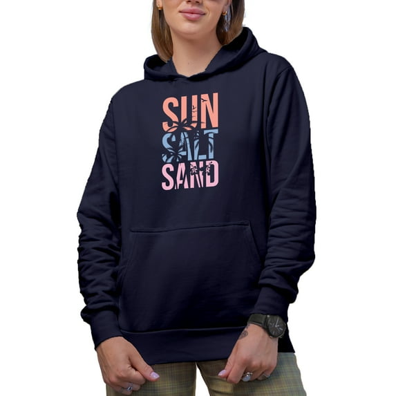 Sun, Salt, Sand feat. Palm Trees & Tropical Flowers Art Summer Merch Gift, Navy Blue Hooded Sweatshirt or Hoodie, 2XL
