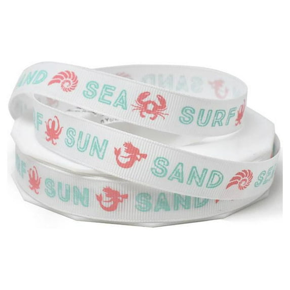 Sun Sand Sea Surf Coastal Grosgrain Ribbon, White, 5/8-Inch, 20-Yard
