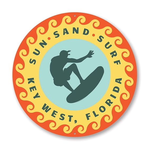 Sun Sand Surf Key West Florida, Surfer Surfing Sign, Beach Aluminum Metal Decor Sign - 12" Round