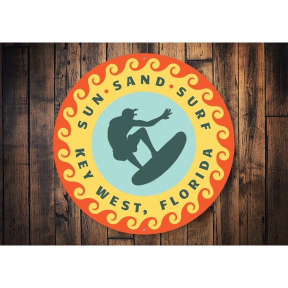 Sun Sand Surf Sign Key West Surf Sign Florida Key West Ocean Sand Decor Ocean Life Beach Decor Beach Decor Beach Surfer - Metal SignSize: 12 x 12 inch
