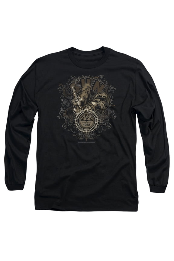 Sun Scroll Around Rooster Long Sleeve Adult 18/1 T-Shirt Black