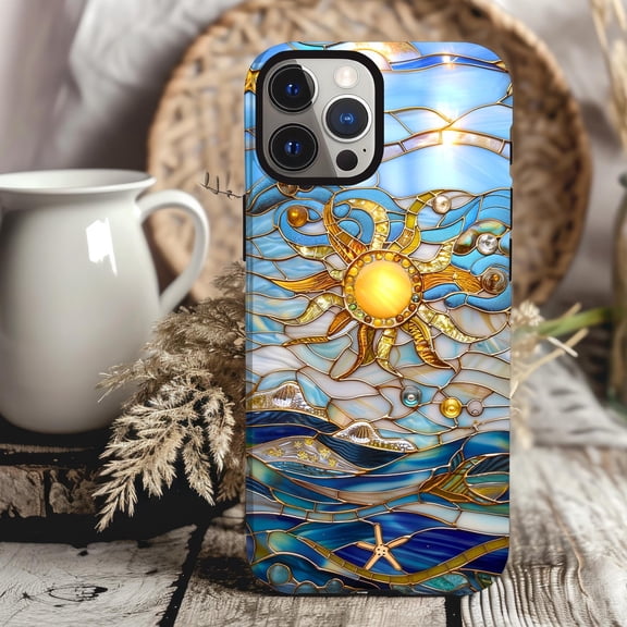 Sun Sea Celestial Case With Stained GlBeach Themed Art for iPhone 17 16 15 14 13 12 11 Pro Max