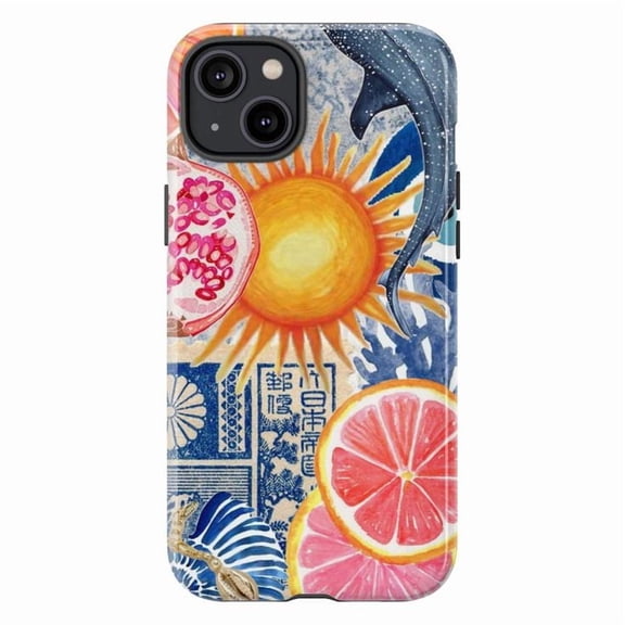 Sun & Sea Dual Layer Phone Case | Tropical Dolphin Fruit Art Design for iPhone 16 15 14 13 12 11 Pro Max