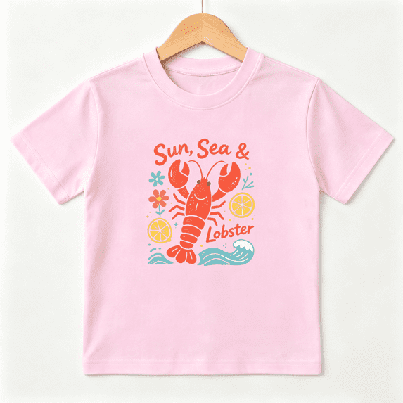 Sun Sea Lobster Girls Graphic Tee, Cute Summer Ocean Beach 100% Cotton Kids Short Sleeve T-Shirt 4-13Y