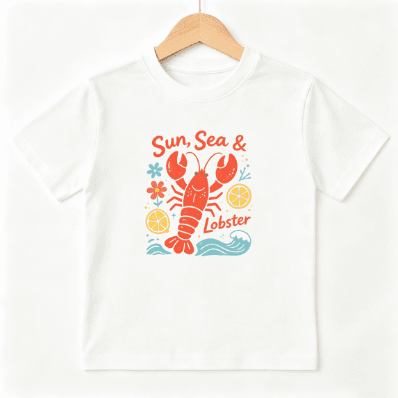 Sun Sea Lobster Girls Graphic Tee, Cute Summer Ocean Beach 100% Cotton Kids Short Sleeve T-Shirt 4-13Y