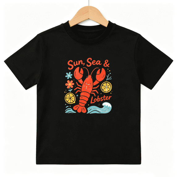 Sun Sea Lobster Girls Graphic Tee, Cute Summer Ocean Beach 100% Cotton Kids Short Sleeve T-Shirt 4-13Y