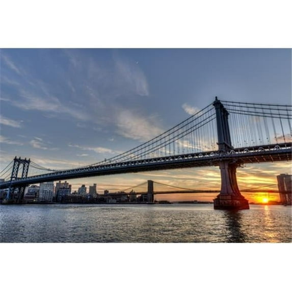 Sun Setting Behind Manhattan & Brooklyn Bridges - New York City United States of America Poster Print by F. M. Kearney - 19 x 12