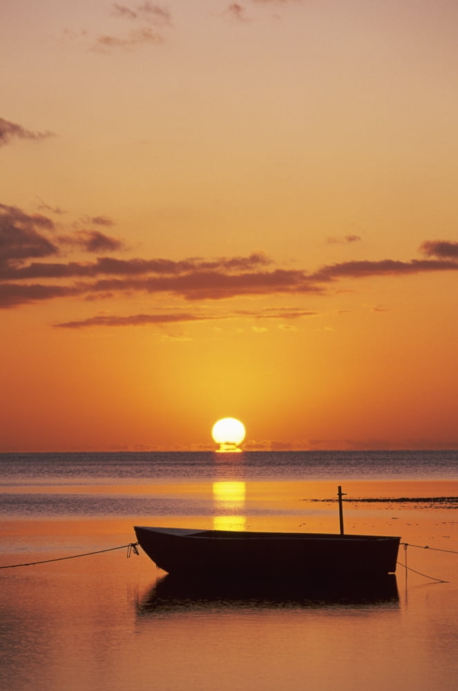 Sun Setting Over Ocean Boat Silhouetted Against Orange Sky Canvas Art - John Hyde Design Pics (22 x 34)
