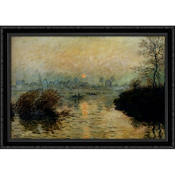Sun Setting over the Seine at Lavacourt. Winter Effect 38x28 Large Black Ornate Wood Framed Canvas Art by Claude Monet