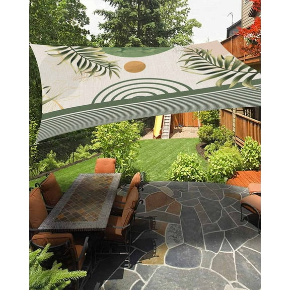 Sun Shade Sail 12x16Ft Boho Abstract Geometric Lines Sage Green Plant Leaves Linen Uv Block Sunshade Canopy Outdoor Shade Cover Rectangle Shade Cloth For Patio Garden Yard Deck Pergola