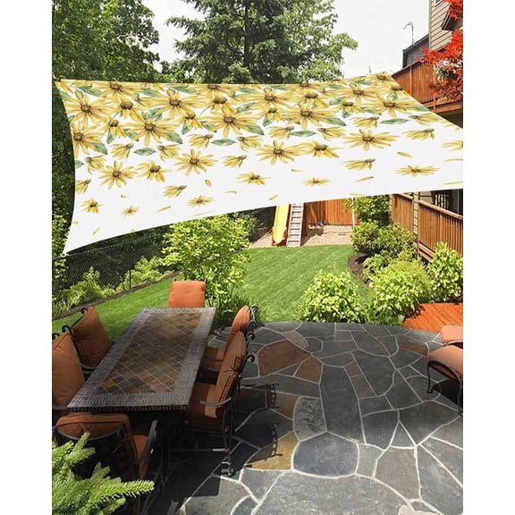 Sun Shade Sail 12x16Ft Flowers Yellow Daisy Pattern White Uv Block Sunshade Canopy Outdoor Shade Cover Rectangle Shade Cloth For Patio Garden Yard Deck Pergola