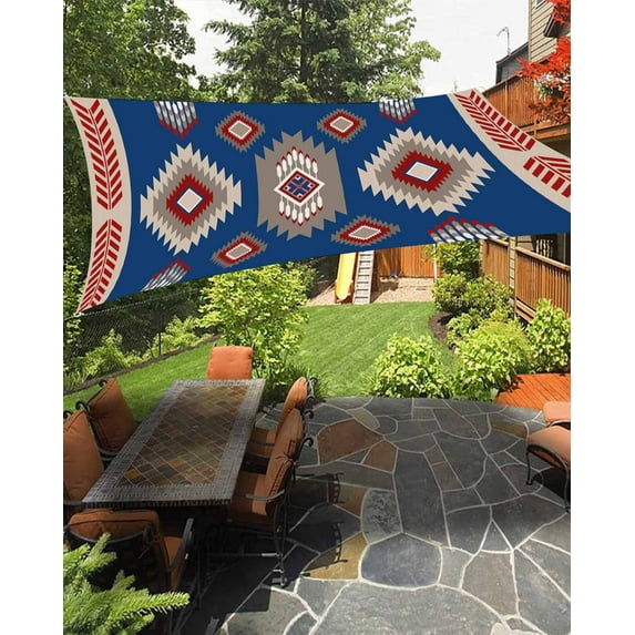 Sun Shade Sail 12x16Ft Southwestern Native Geometric Boho Blue and Red Uv Block Sunshade Canopy Outdoor Shade Cover Rectangle Shade Cloth For Patio Garden Yard Deck Pergola