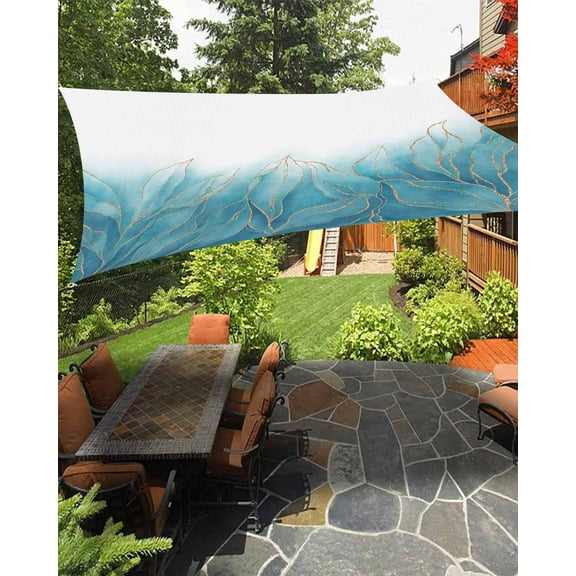 Sun Shade Sail 12x16Ft Teal Gradient Leaves Gold Lines Abstract Art Uv Block Sunshade Canopy Outdoor Shade Cover Rectangle Shade Cloth For Patio Garden Yard Deck Pergola