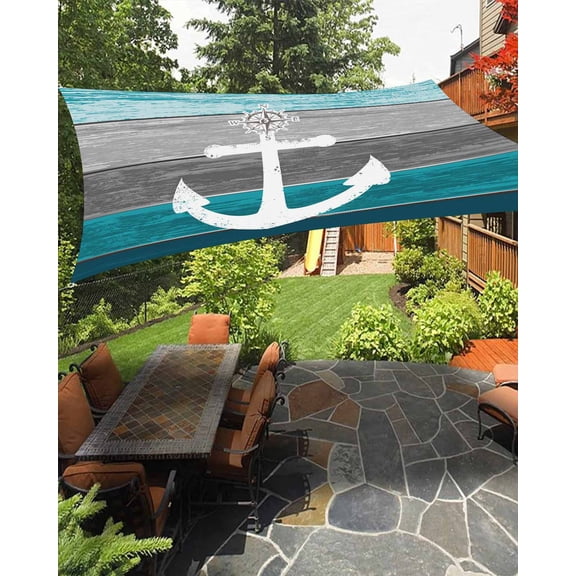Sun Shade Sail 12x16Ft Vintage Anchor Cyan and Grey Wood Grain Uv Block Sunshade Canopy Outdoor Shade Cover Rectangle Shade Cloth For Patio Garden Yard Deck Pergola