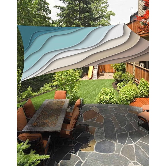 Sun Shade Sail 14x18Ft Abstract Geometric Teal Brown Gradient Waves Beach Uv Block Sunshade Canopy Outdoor Shade Cover Rectangle Shade Cloth For Patio Garden Yard Deck Pergola