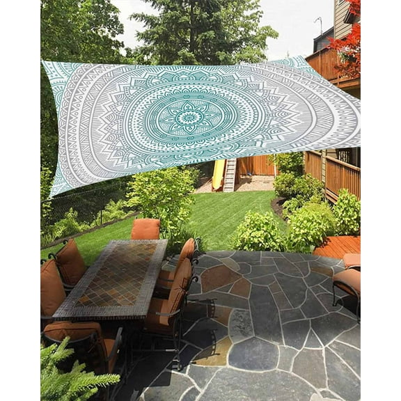 Sun Shade Sail 14x18Ft Mandala Flower Art Ombre Cyan Teal Green Uv Block Sunshade Canopy Outdoor Shade Cover Rectangle Shade Cloth For Patio Garden Yard Deck Pergola