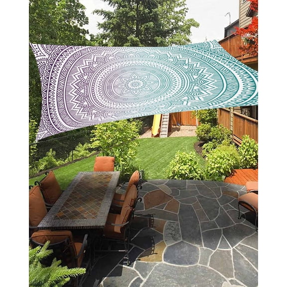 Sun Shade Sail 14x18Ft Mandala Flower Art Ombre Turquoise Purple Uv Block Sunshade Canopy Outdoor Shade Cover Rectangle Shade Cloth For Patio Garden Yard Deck Pergola