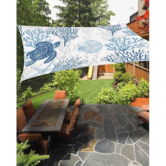 Sun Shade Sail 14x18Ft Summer Ocean Blue Coral and Sea Turtle Uv Block Sunshade Canopy Outdoor Shade Cover Rectangle Shade Cloth For Patio Garden Yard Deck Pergola