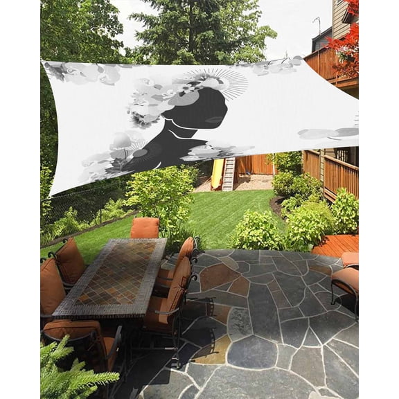 Sun Shade Sail 6.5x10Ft Boho Women Silhouettes with Black Flowers Uv Block Sunshade Canopy Outdoor Shade Cover Rectangle Shade Cloth For Patio Garden Yard Deck Pergola