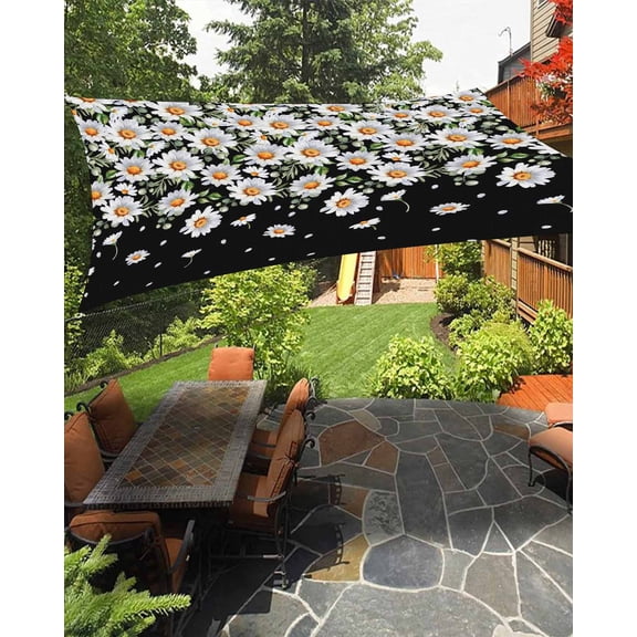 Sun Shade Sail 6.5x10Ft Flowers White Daisy Green Leaves Black Uv Block Sunshade Canopy Outdoor Shade Cover Rectangle Shade Cloth For Patio Garden Yard Deck Pergola