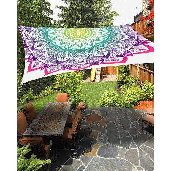 Sun Shade Sail 6.5x10Ft Mandala Boho Flower White Uv Block Sunshade Canopy Outdoor Shade Cover Rectangle Shade Cloth For Patio Garden Yard Deck Pergola