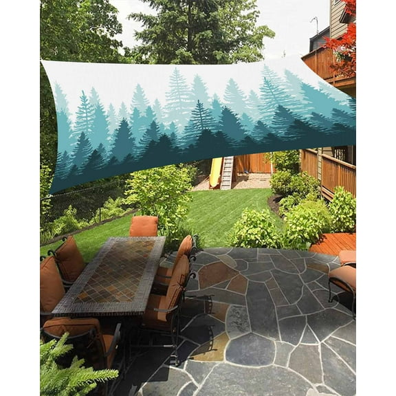 Sun Shade Sail 6.5x10Ft Teal Forest Nature Woodland Tree Misty Forest Silhouette Landscape Uv Block Sunshade Canopy Outdoor Shade Cover Rectangle Shade Cloth For Patio Garden Yard Deck Pergola