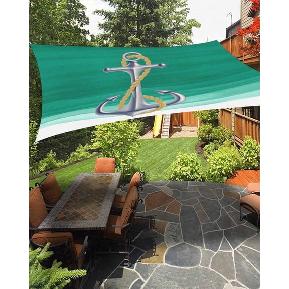 Sun Shade Sail 6.5x10Ft Watercolor Summer Ombre Green Ocean Anchor Uv Block Sunshade Canopy Outdoor Shade Cover Rectangle Shade Cloth For Patio Garden Yard Deck Pergola