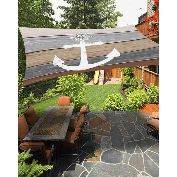 Sun Shade Sail 6.5x10Ft White Anchor Compass Farm Barn Wood Plank Uv Block Sunshade Canopy Outdoor Shade Cover Rectangle Shade Cloth For Patio Garden Yard Deck Pergola