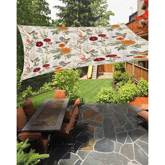 Sun Shade Sail 8'x10' Bird Floral Rectangle Sun Shade Sails Canopy Waterproof Butterfly Flower Tree Branches Outdoor Sunshades Sand UV Block Cover Shades Cloth for Patio Backyard Garden Deck Porch
