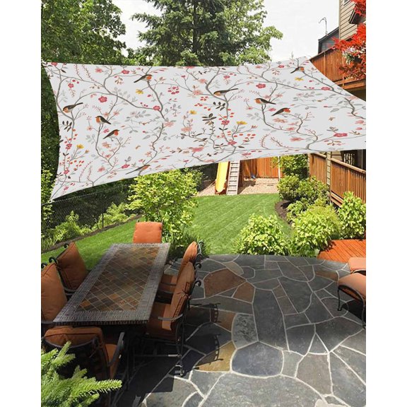 Sun Shade Sail 8'x10' Bird Tree Branch Rectangle Sun Shade Sails Canopy Waterproof Grey Floral Leaves Outdoor Sunshades Sand UV Block Cover Shades Cloth for Patio Backyard Garden Deck Porch Lawn