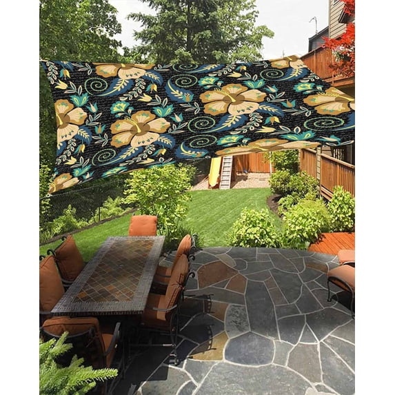 Sun Shade Sail 8'x10' Black Yellow Boho Floral Rectangle Sun Shade Sails Canopy Waterproof Vintage Abstract Flower Outdoor Sunshades Sand UV Block Cover Shades Cloth for Patio Backyard Garden Deck