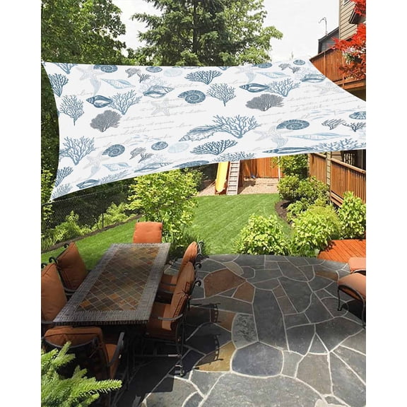 Sun Shade Sail 8'x10' Blue Coral Shell Rectangle Sun Shade Sails Canopy Waterproof Starfish Nautical Marine Life Outdoor Sunshades Sand UV Block Cover Shades Cloth for Patio Backyard Garden Deck
