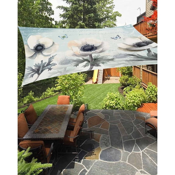 Sun Shade Sail 8'x10' Blue Floral Rectangle Sun Shade Sails Canopy Waterproof Vintage Butterfly Flowers Outdoor Sunshades Sand UV Block Cover Shades Cloth for Patio Backyard Garden Deck Porch Lawn