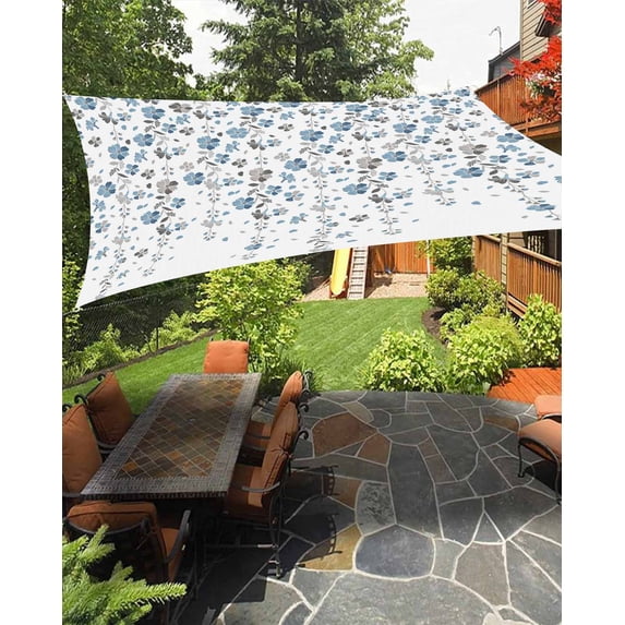 Sun Shade Sail 8'x10' Blue Grey Floral Rectangle Sun Shade Sails Canopy Waterproof Spring Flowers Outdoor Sunshades Sand UV Block Cover Shades Cloth for Patio Backyard Garden Deck Porch Lawn