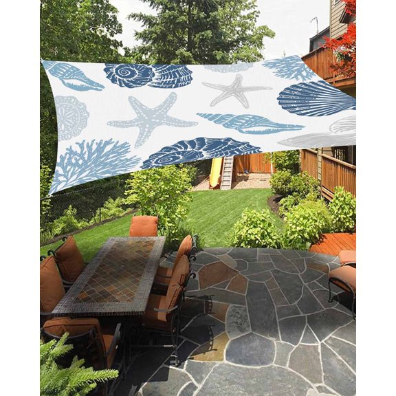 Sun Shade Sail 8'x10' Blue Marine Life Rectangle Sun Shade Sails Canopy Waterproof Starfish Shell Conch Coral Outdoor Sunshades Sand UV Block Cover Shades Cloth for Patio Backyard Garden Deck Porch