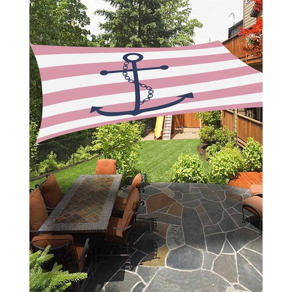 Sun Shade Sail 8'x10' Blue Nautical Anchor Chain Rectangle Sun Shade Sails Canopy Waterproof Pink and White Stripes Outdoor Sunshades Sand UV Block Cover Shades Cloth for Patio Backyard Garden Deck