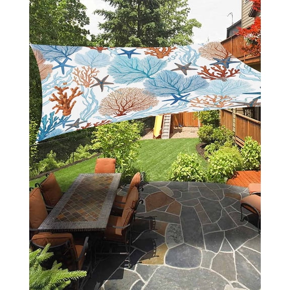 Sun Shade Sail 8'x10' Blue Starfish Coral Rectangle Sun Shade Sails Canopy Waterproof Summer Beach Ocean Outdoor Sunshades Sand UV Block Cover Shades Cloth for Patio Backyard Garden Deck Porch Lawn